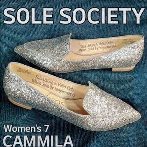 Sole Society Camilla Silver Glitter Pointed Toe Loafers Women 7 Metallic Flats